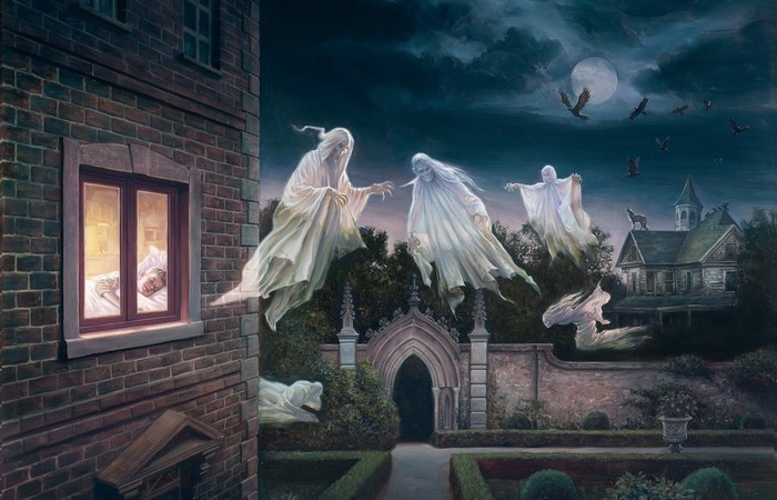 Ghosts haunting a house at night with a sleeping child