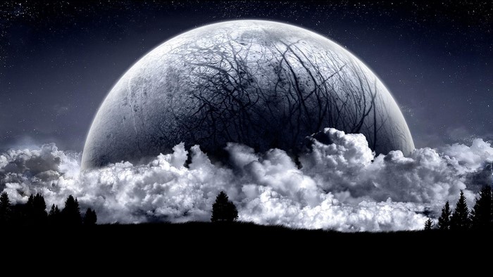 Fantasy moon rising over a forest with clouds
