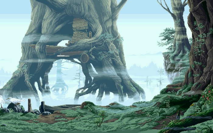 Pixel art fantasy swamp with giant trees and a treehouse