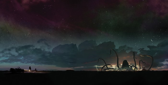 Cthulhu artwork with people and car under starry sky