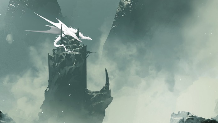 White dragon on a rocky tower in mist