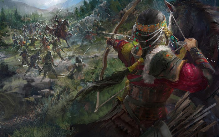 Fantasy battle scene with archer on horseback