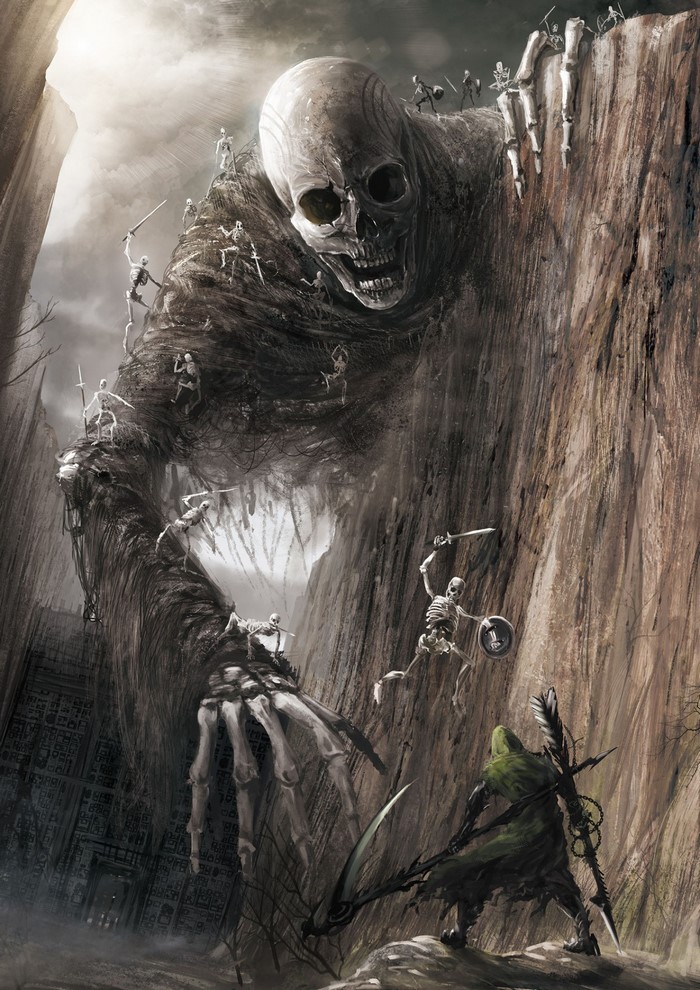 Giant Skeleton with Scythe and Sword in Dark Fantasy