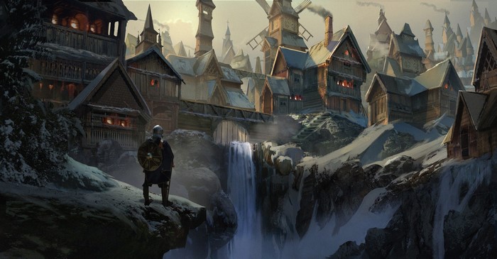 Fantasy Viking Village with Waterfall