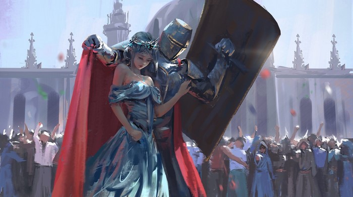 Knight embracing a princess in front of a crowd
