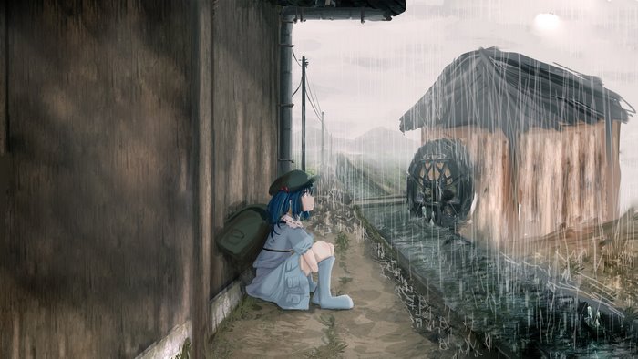 Anime girl with blue hair sitting in the rain