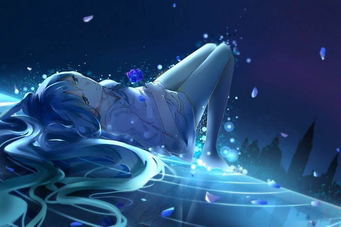 Hatsune Miku lying down with blue flowers