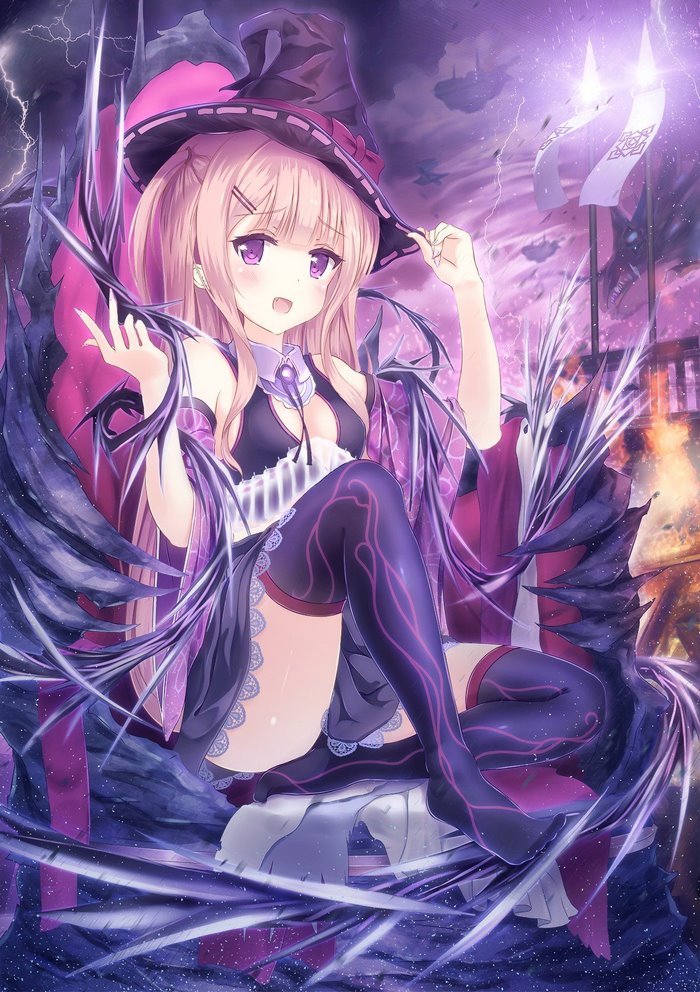 Anime girl witch with purple eyes and blonde hair