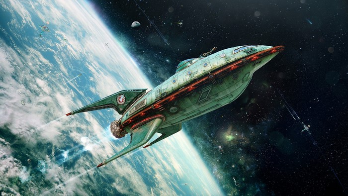 Planet Express spaceship flying near Earth