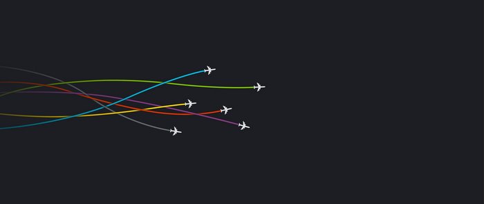 Minimalist airplanes with colorful trails on dark background