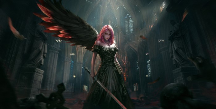 Fantasy angel warrior with pink hair in a dark cathedral