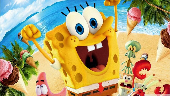 SpongeBob SquarePants characters on a beach with ice cream