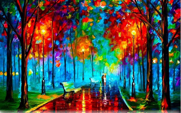 Leonid Afremov painting of a colorful park path in fall