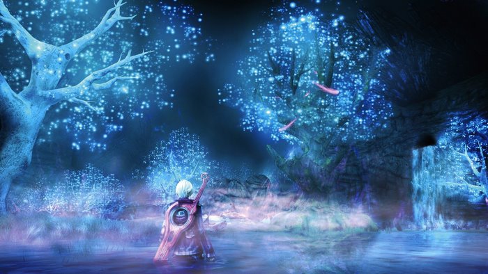 Shulk from Xenoblade Chronicles in a glowing forest