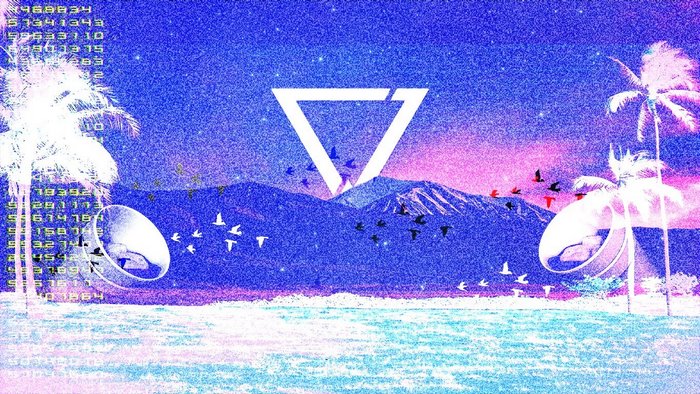 Vaporwave beach with mountains and palm trees