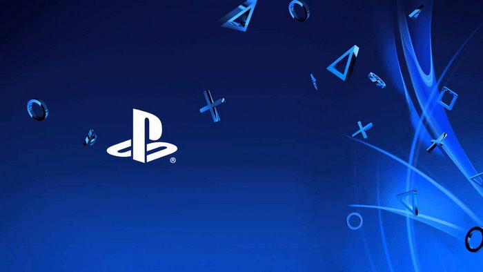 PlayStation logo with floating symbols on blue background