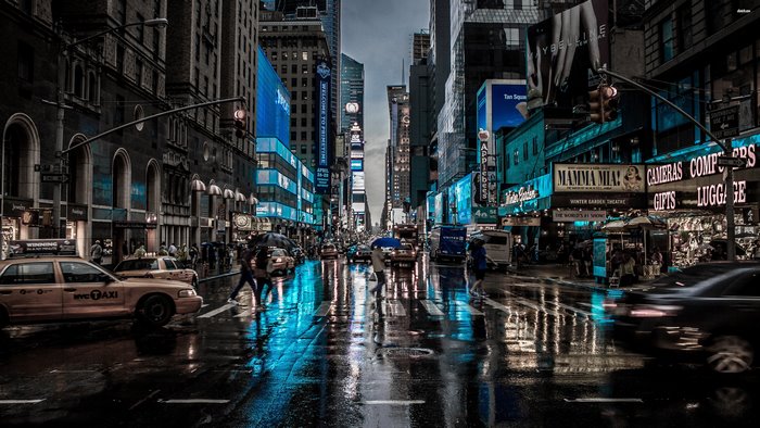 New York City street in the rain at night