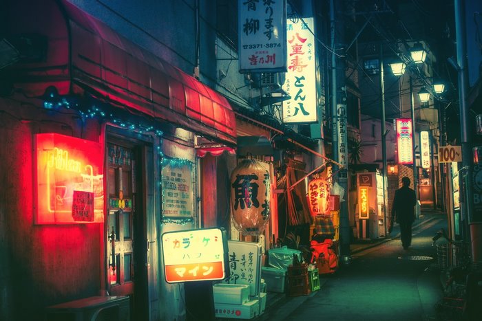 Night street in Japan with neon signs