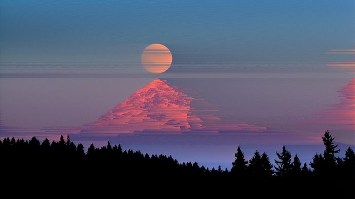 Neon Aesthetic Sunset Glow on Snowy Mountain