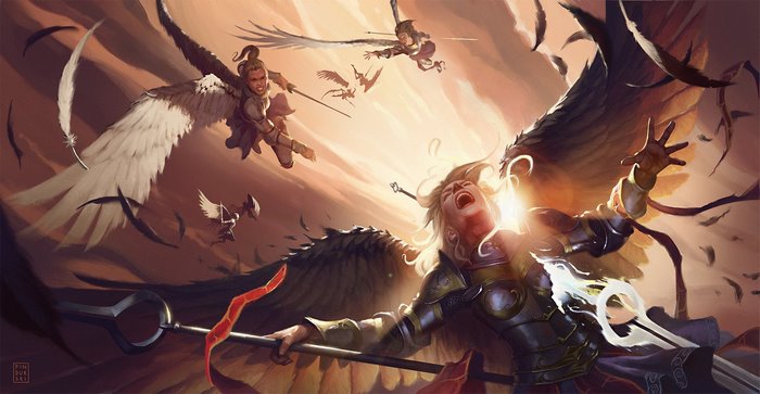 Angels in battle with swords and spears
