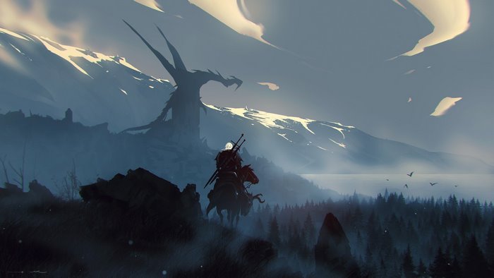 Geralt from The Witcher 3 Wild Hunt facing a dragon