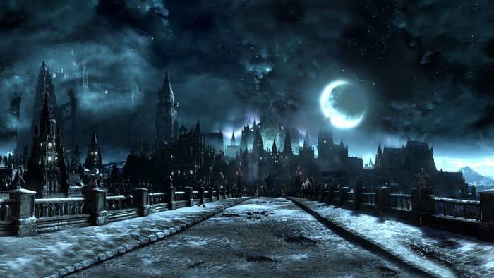 Dark Souls III castle bridge under a crescent moon