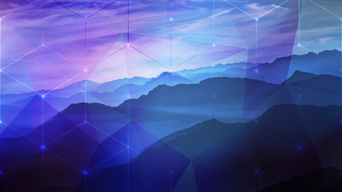 Blue and purple mountains with geometric overlay