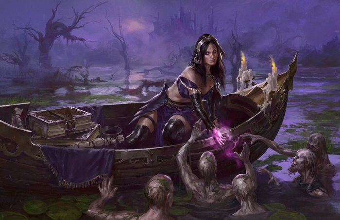 Liliana Vess from Magic the Gathering in a swamp