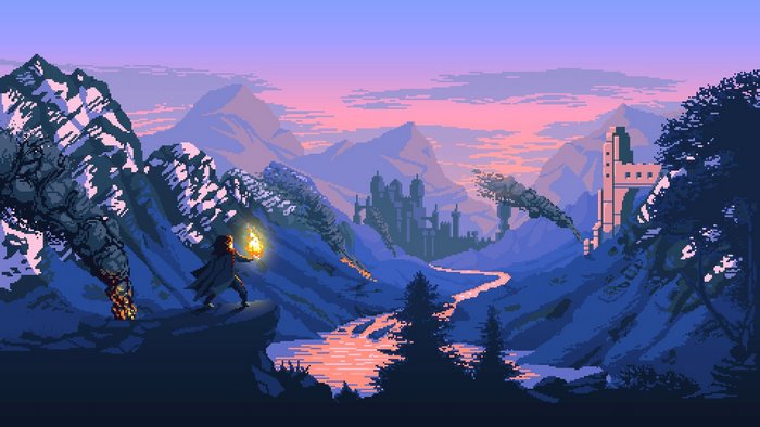 Pixel Art Adventurer Near Mountain Castle