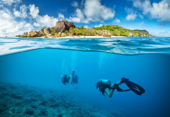 Scuba divers explore underwater near a tropical island