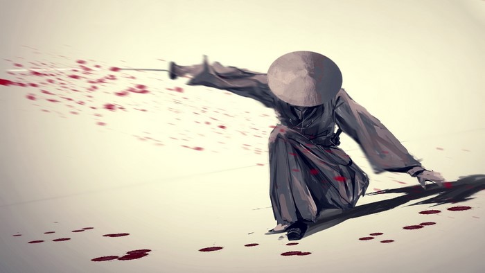 Samurai with sword and blood splatters