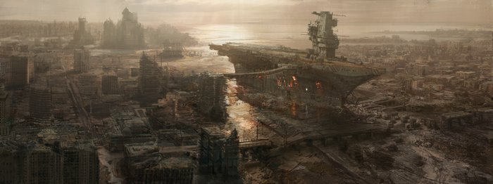 Post-apocalyptic city with aircraft carrier