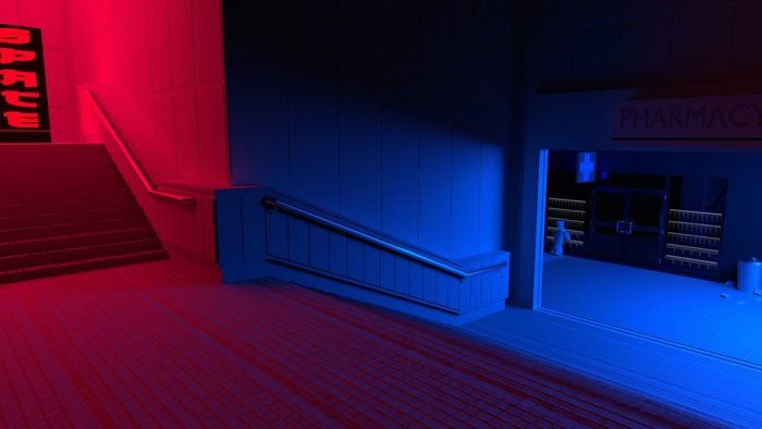 Stairs and Pharmacy Entrance with Red and Blue Lighting
