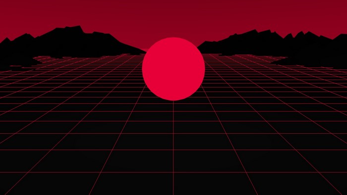 Retro grid landscape with red sun and mountains