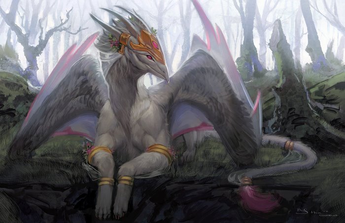 Fantasy dragon with golden armor in a misty forest