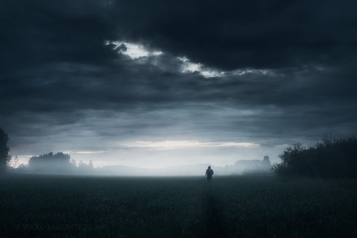 Person walking in a foggy field under dark clouds