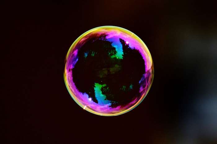 Colorful soap bubble reflecting trees