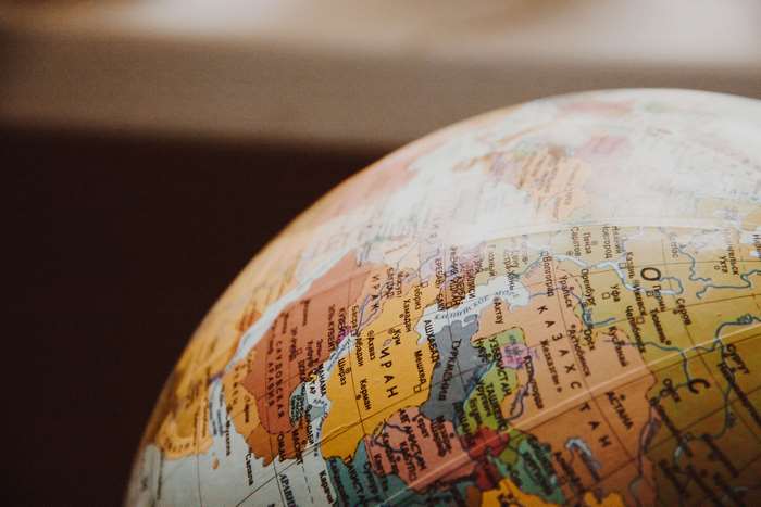 Close up of a world globe showing Central Asia