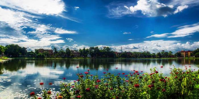 Scenic lake landscape with cloudy sky and flowers