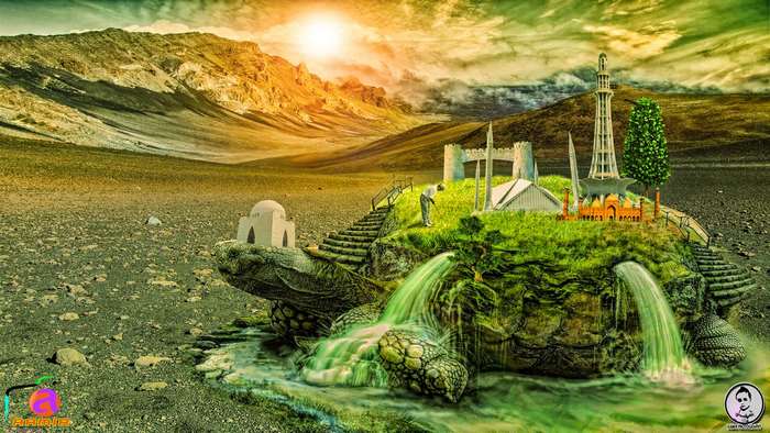 Fantasy turtle island with monuments and waterfalls