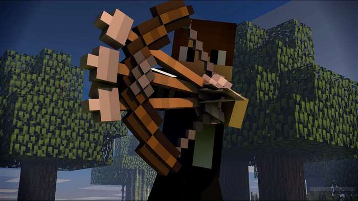 Minecraft character aiming a bow and arrow