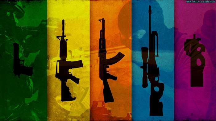 Silhouettes of various firearms on a colorful background