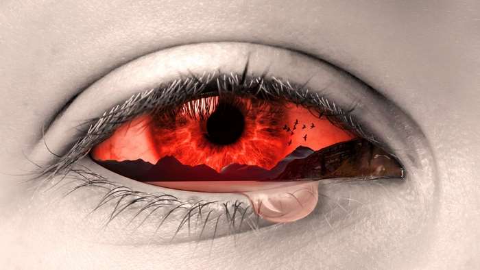 Close-up of a red eye with a landscape reflection