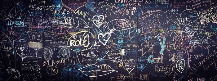 Chalkboard with doodles and messages