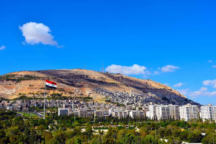 Syrian flag on Mount Qassioun overlooking Damascus 4K