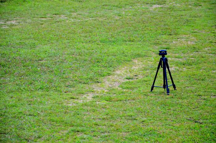 Black tripod on a green grass field