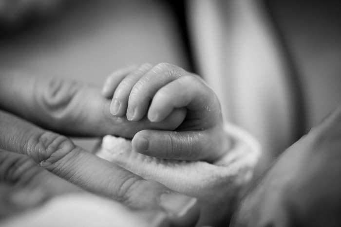 Close-up of a newborn baby's hand holding an adult's finger