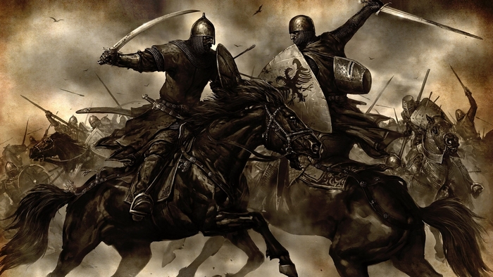 Medieval warriors on horseback in battle