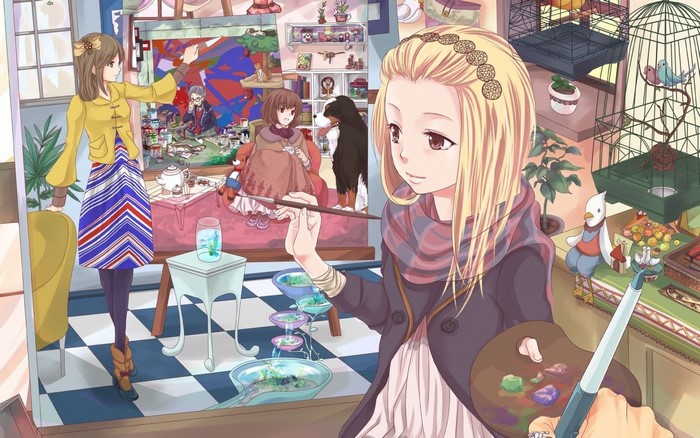 Anime girls painting in an art studio with birds