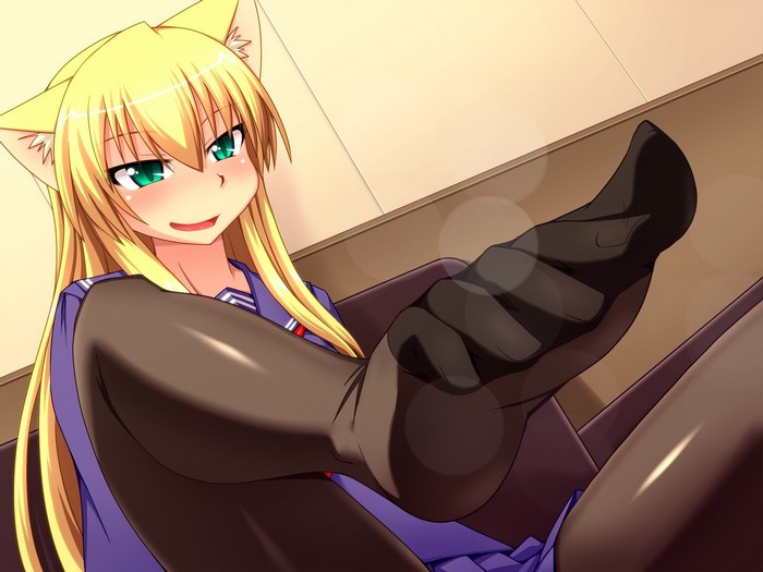 Blonde cat-girl wearing tights and school uniform